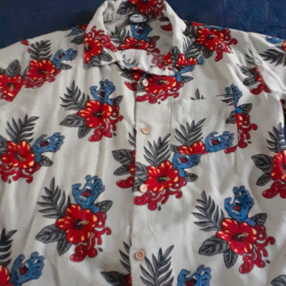 Santa Cruz Skateboard "Screaming Hand" Hawaiian Floral Shirt, Size Small